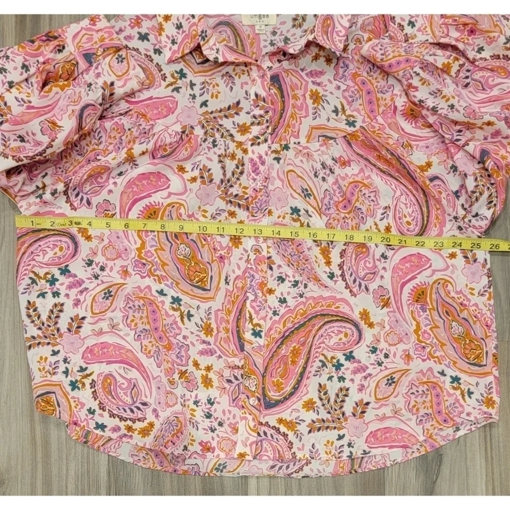 Umgee Pink Paisley Collared Button-Down Blouse Shirt Medium Lightweight - Picture 9 of 10